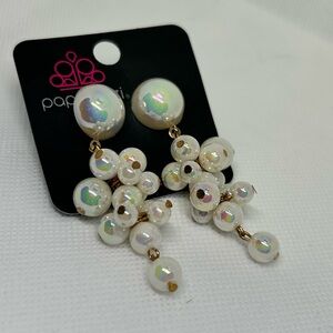 Paparazzi Iridescent White Faux Pearl Cluster Drop Post Earrings Gold Tone